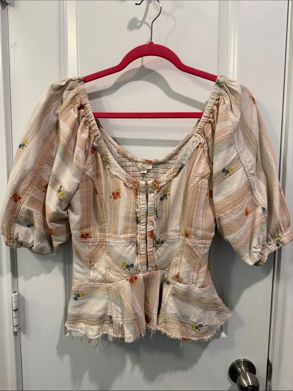 Peplum Puff-Sleeve Floral Stripe Top in Cream